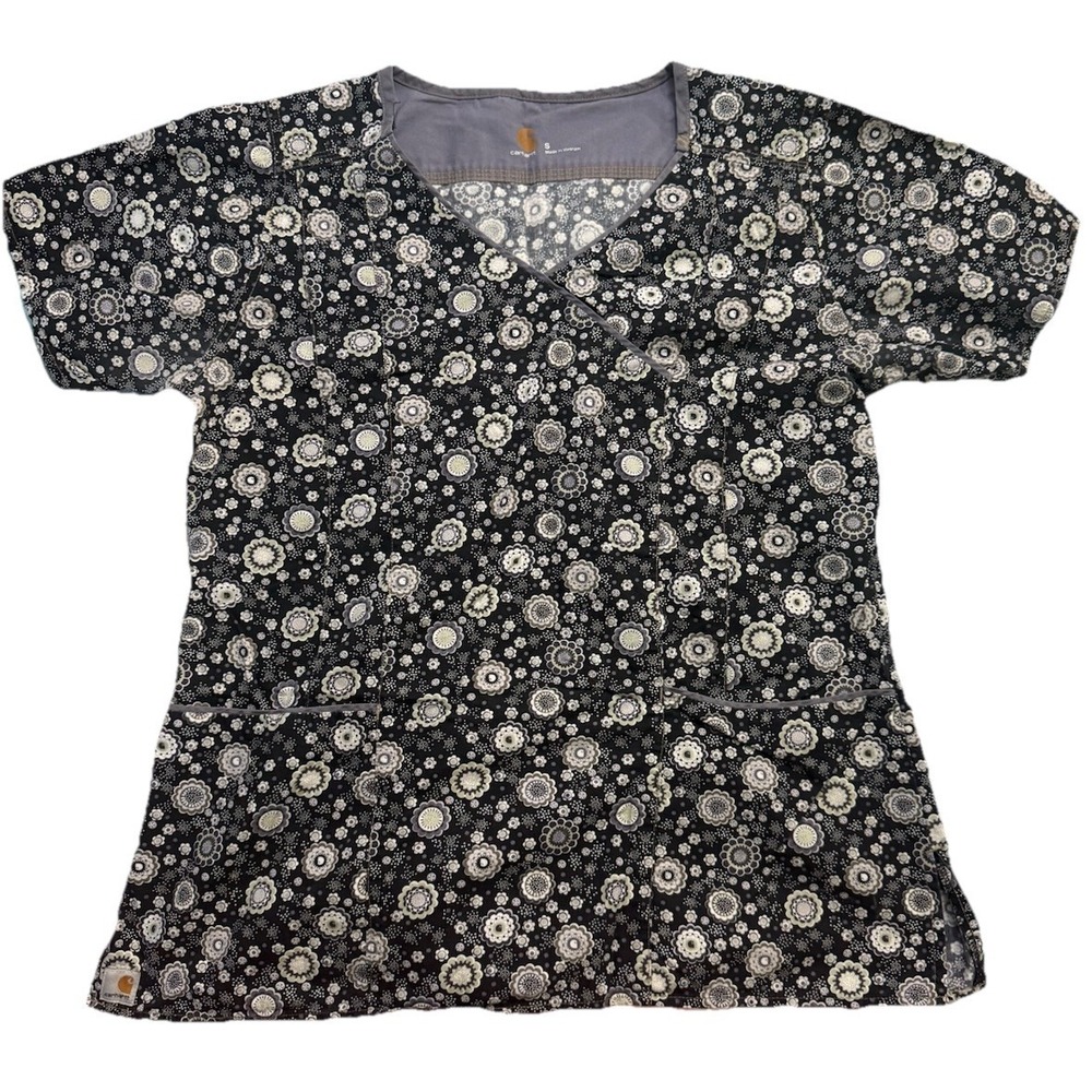 Carhartt Women's Scrub Shirt Top / Dark Black w/ White Flowers / Small/ EUC